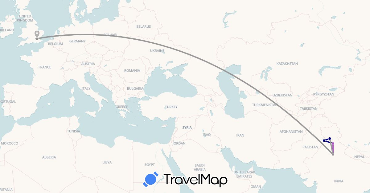 TravelMap itinerary: driving, plane, train in United Kingdom, India (Asia, Europe)